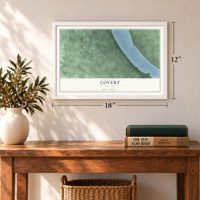 Covert, New York map, 12 x 18 inch print in a white frame in an entryway