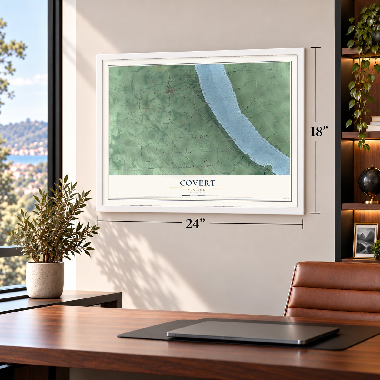 Covert, New York map, 18 x 24 inch print in a white frame in a home office