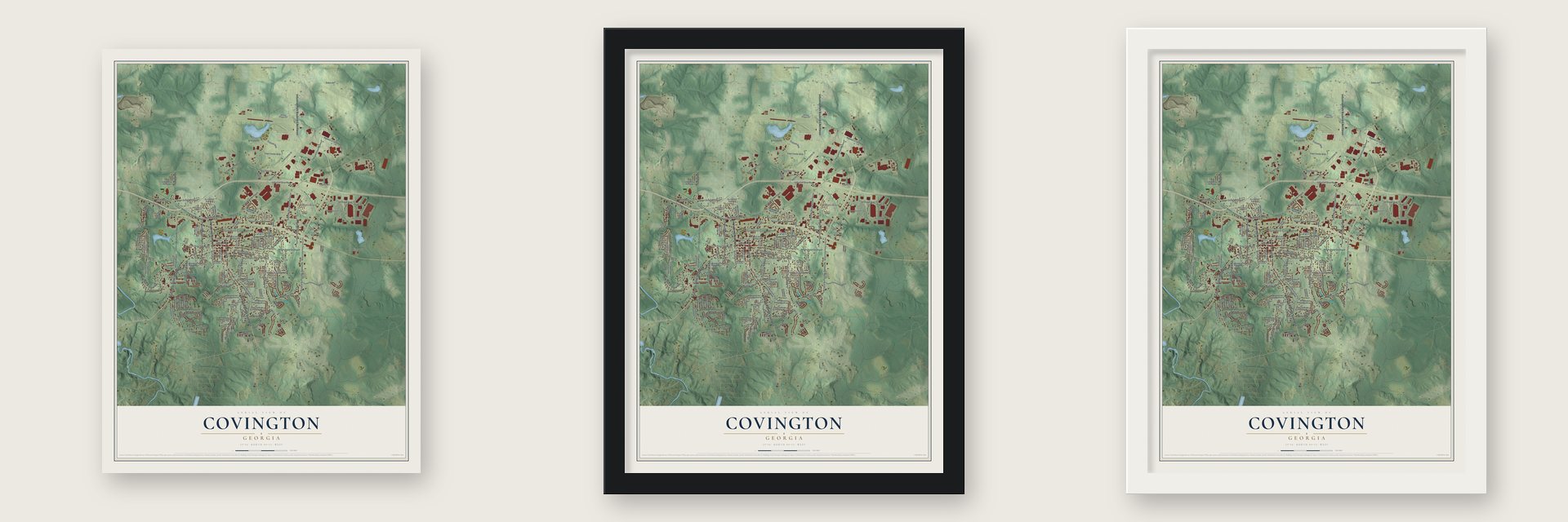 Covington, Georgia map unframed, in a black wood frame and in a white wood frame
