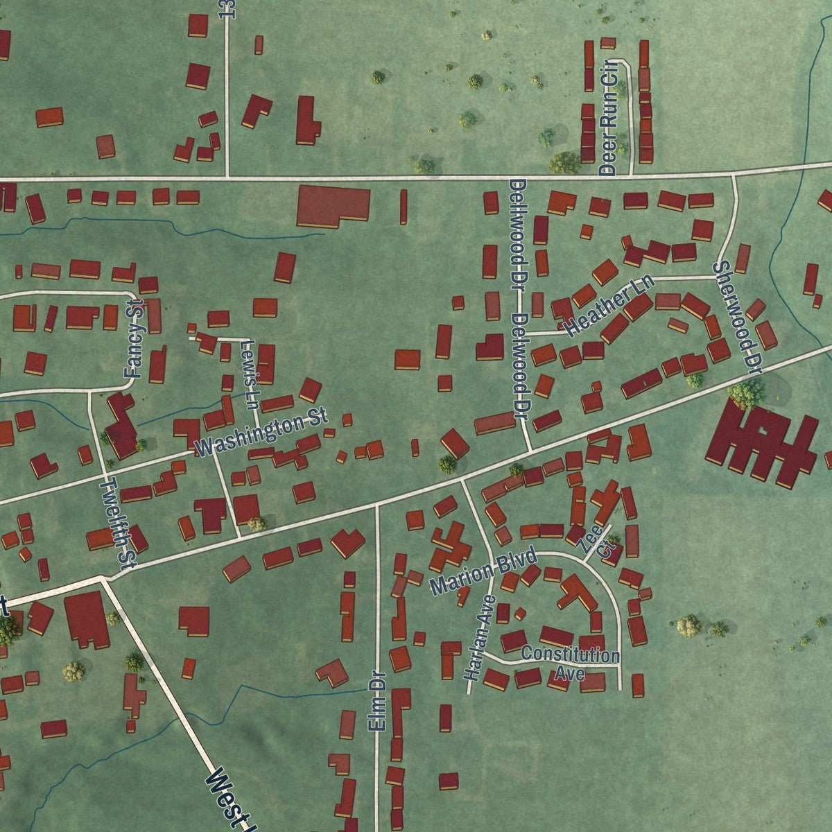 Second close-up of the map of Covington, Indiana print showing more streets and buildings