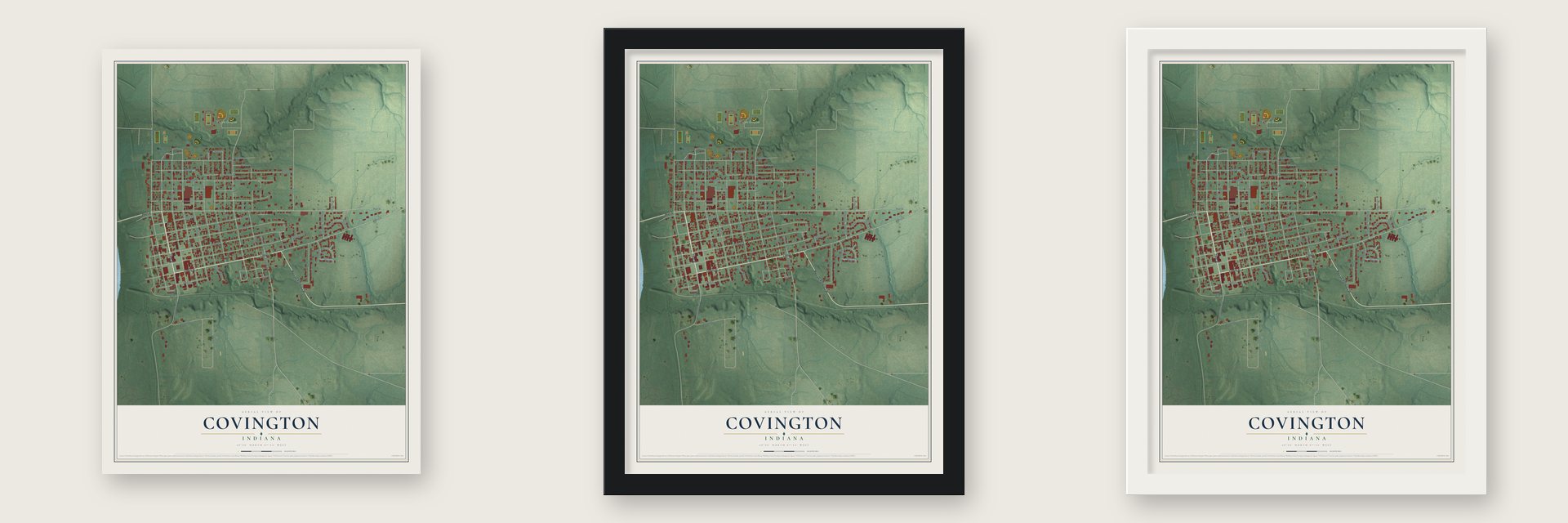 Covington, Indiana map unframed, in a black wood frame and in a white wood frame