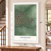 Covington, Indiana map, 24 x 36 inch print in a white frame by a staircase