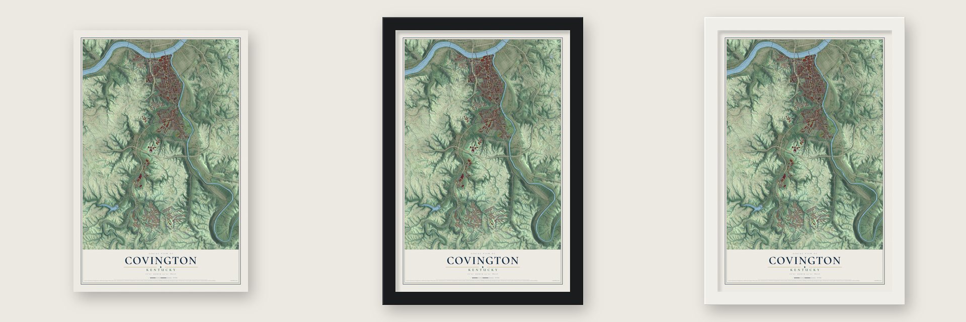 Covington, Kentucky map unframed, in a black wood frame and in a white wood frame
