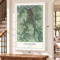 Covington, Kentucky map, 24 x 36 inch print in a white frame by a staircase