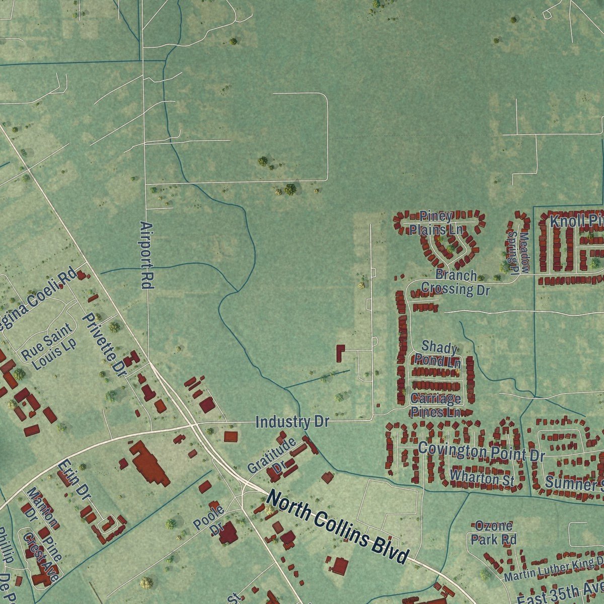Second close-up of the map of Covington, Louisiana print showing more streets and buildings