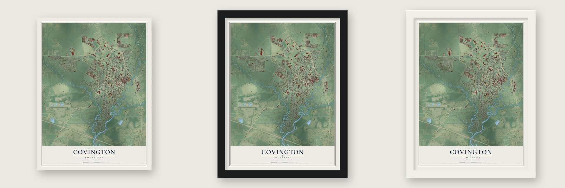 Covington, Louisiana map unframed, in a black wood frame and in a white wood frame