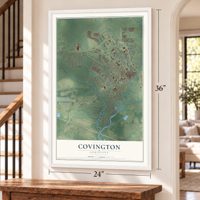 Covington, Louisiana map, 24 x 36 inch print in a white frame by a staircase