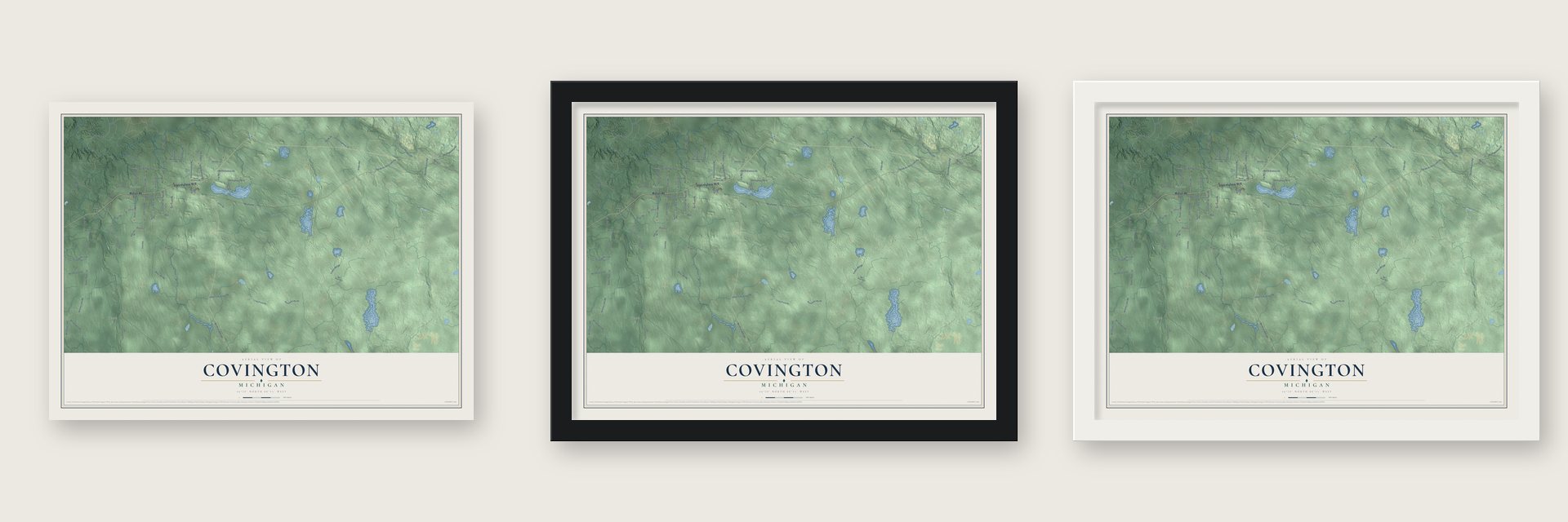 Covington, Michigan map unframed, in a black wood frame and in a white wood frame