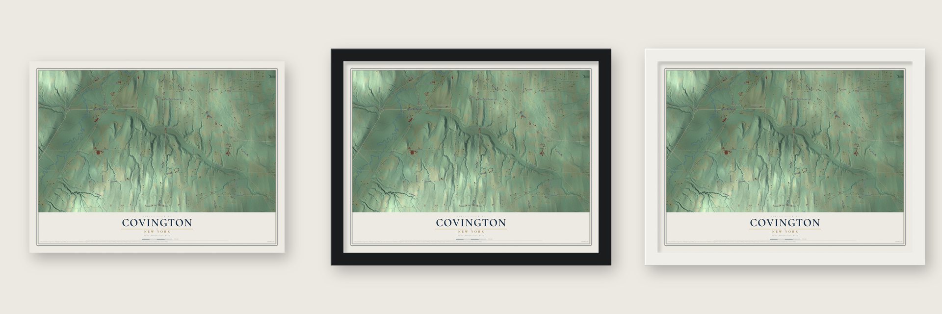 Covington, New York map unframed, in a black wood frame and in a white wood frame