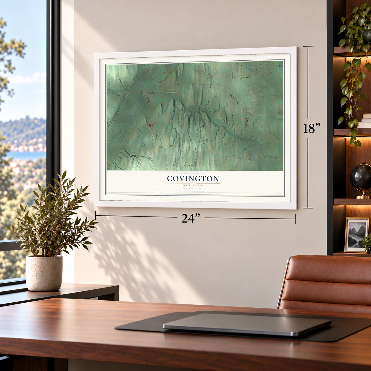 Covington, New York map, 18 x 24 inch print in a white frame in a home office