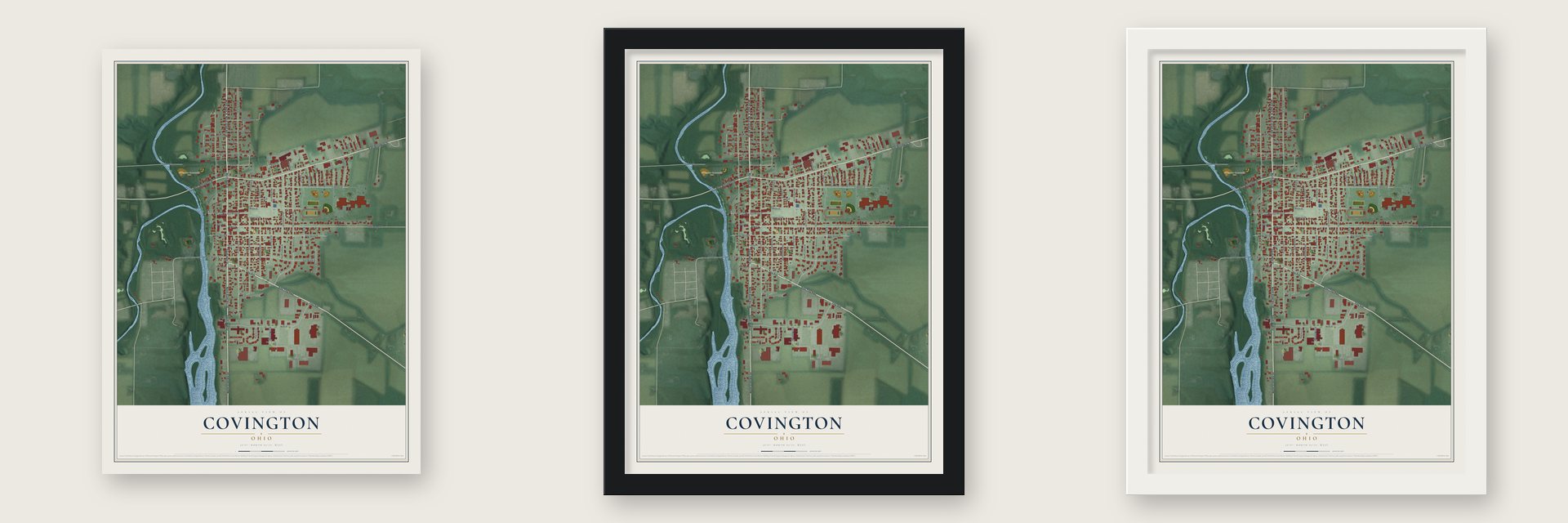 Covington, Ohio map unframed, in a black wood frame and in a white wood frame