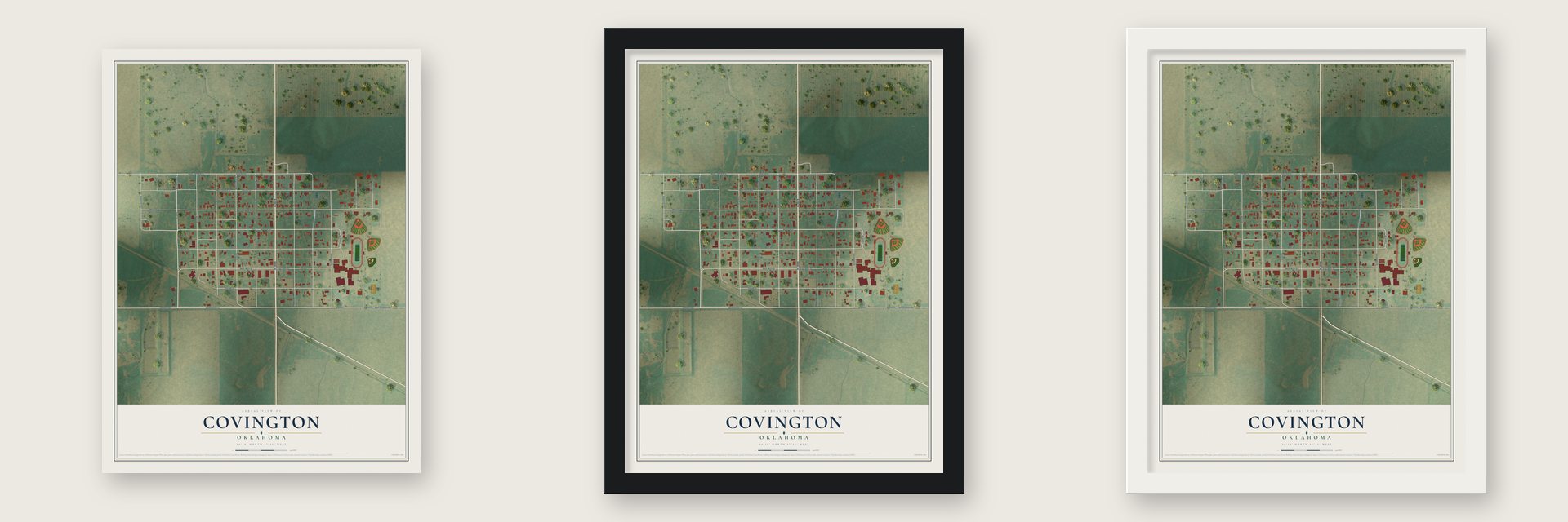 Covington, Oklahoma map unframed, in a black wood frame and in a white wood frame