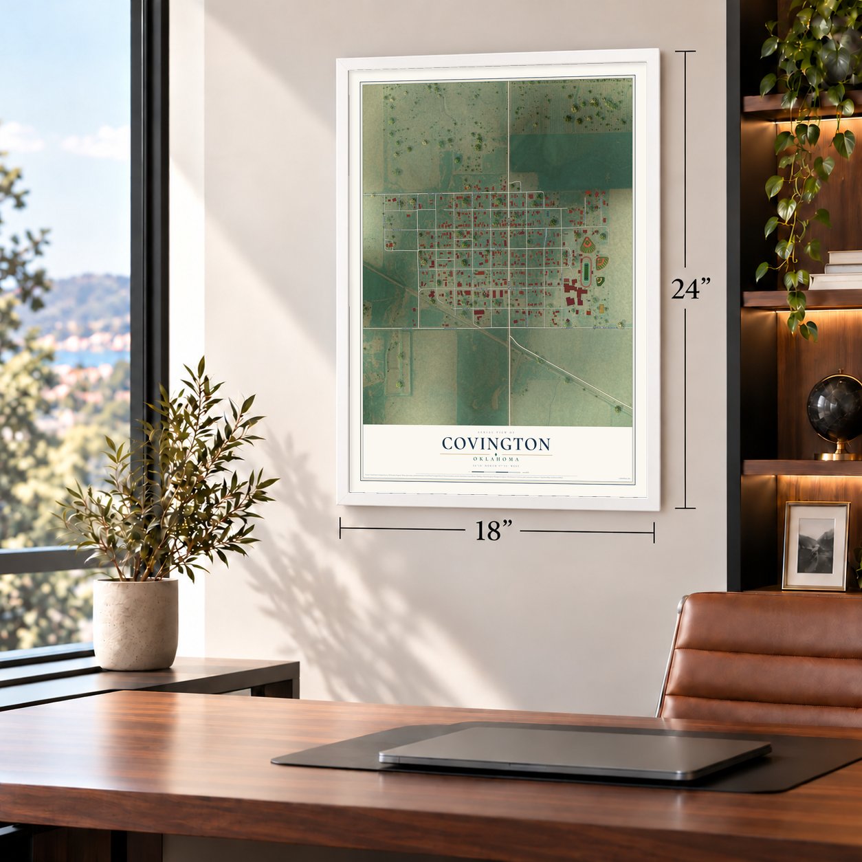 Covington, Oklahoma map, 18 x 24 inch print in a white frame in a home office