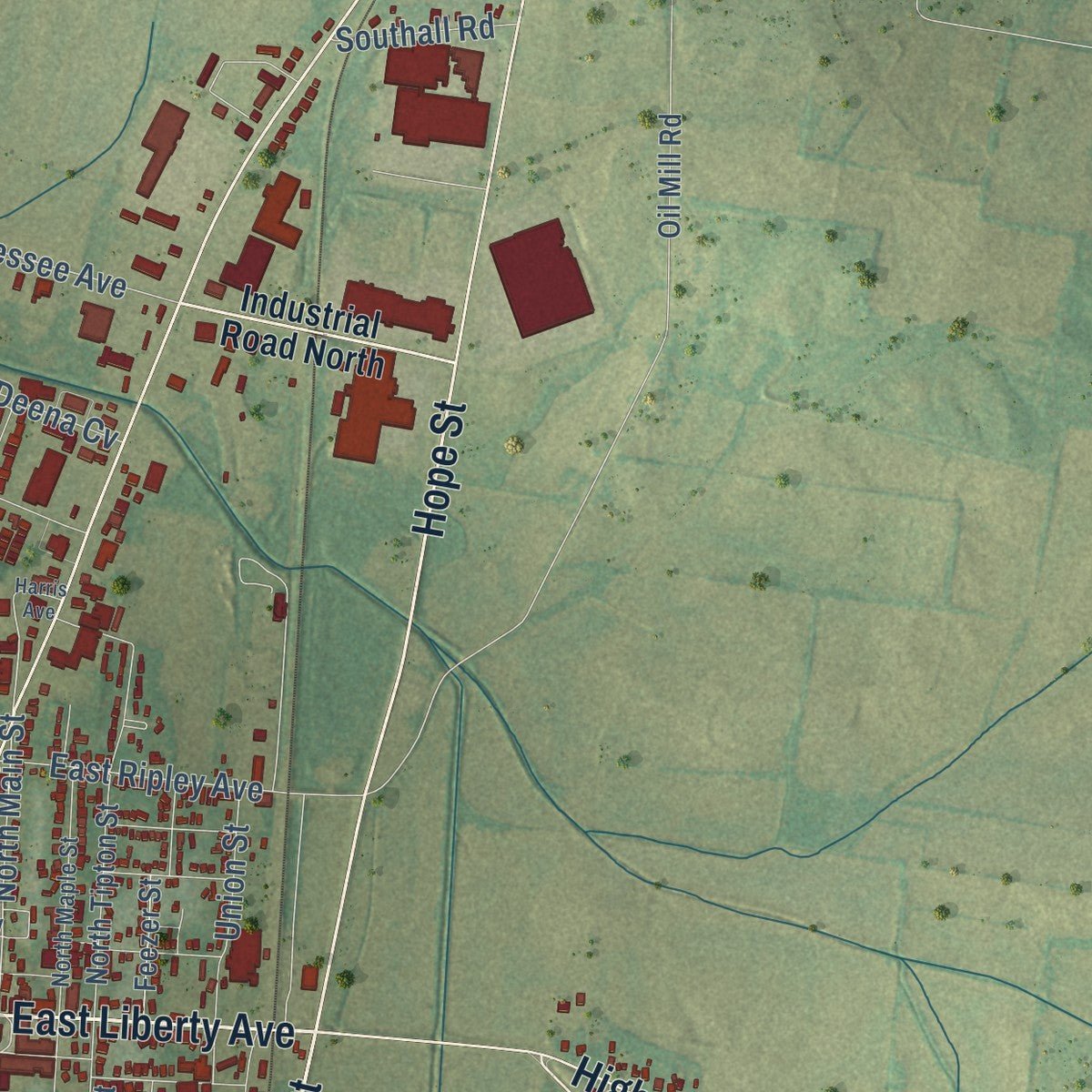 Second close-up of the map of Covington, Tennessee print showing more streets and buildings