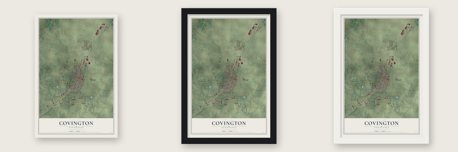 Covington, Tennessee map unframed, in a black wood frame and in a white wood frame