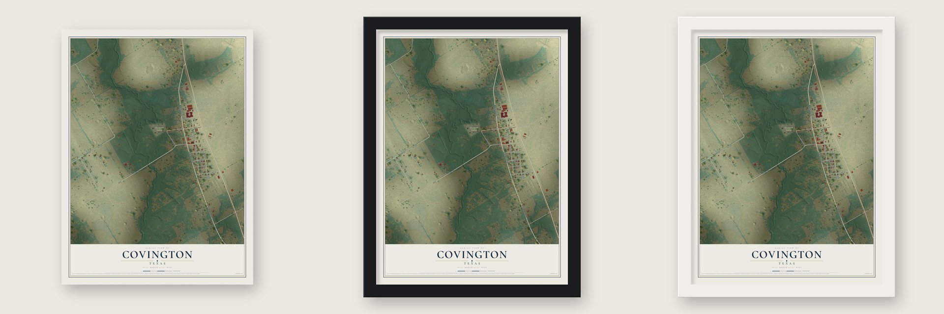 Covington, Texas map unframed, in a black wood frame and in a white wood frame