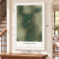 Covington, Texas map, 24 x 36 inch print in a white frame by a staircase