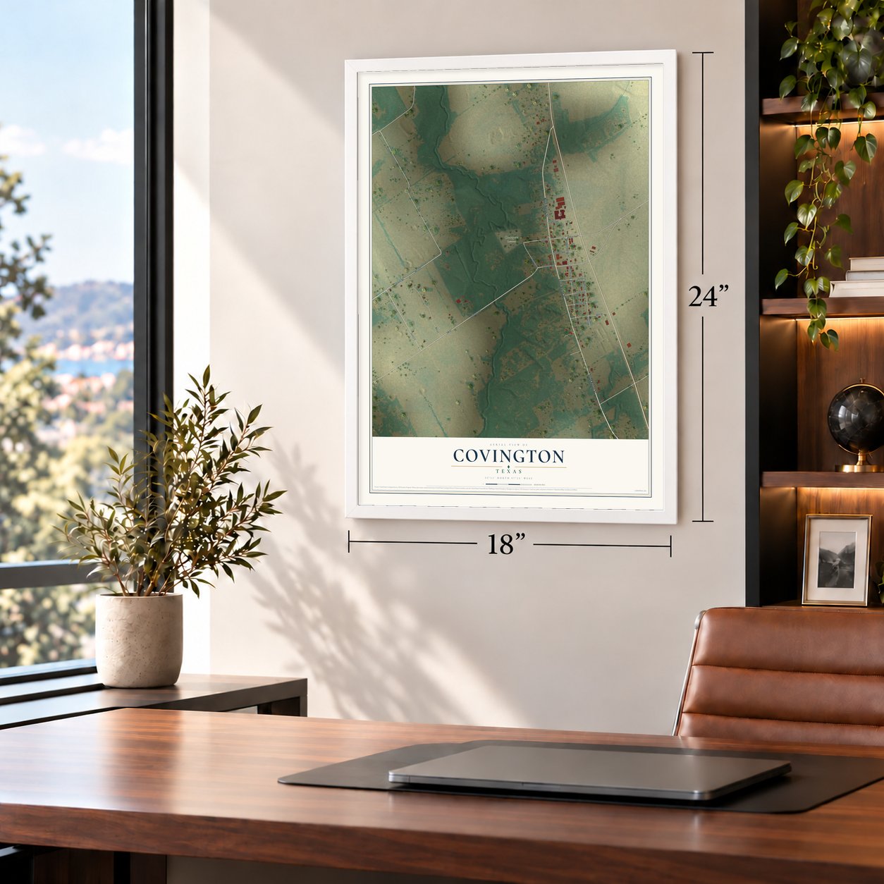 Covington, Texas map, 18 x 24 inch print in a white frame in a home office