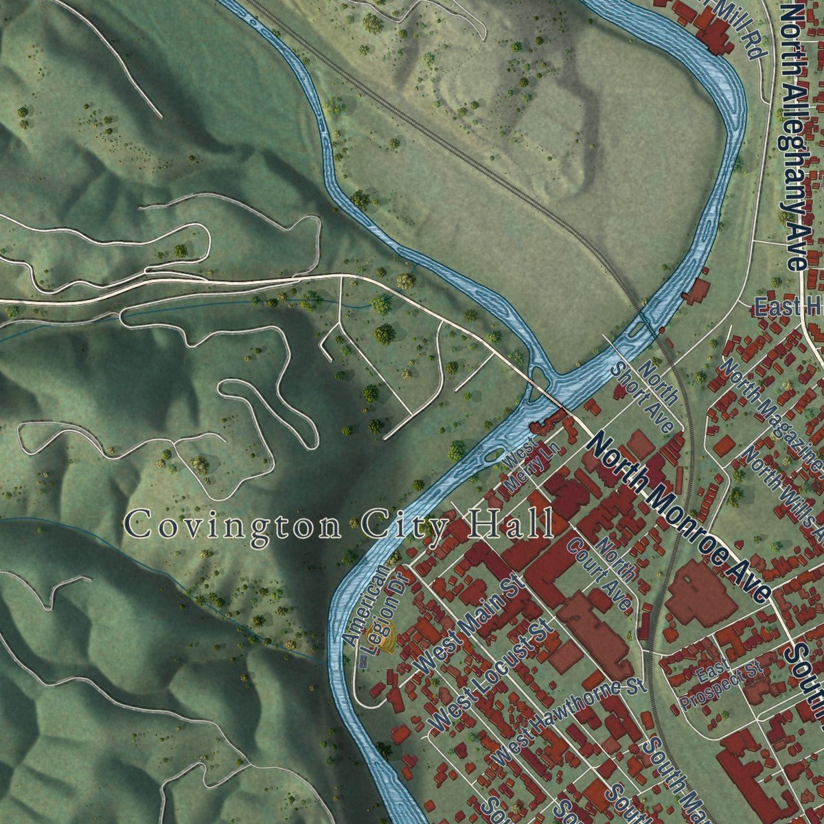 Second close-up of the map of Covington, Virginia print showing more streets and buildings