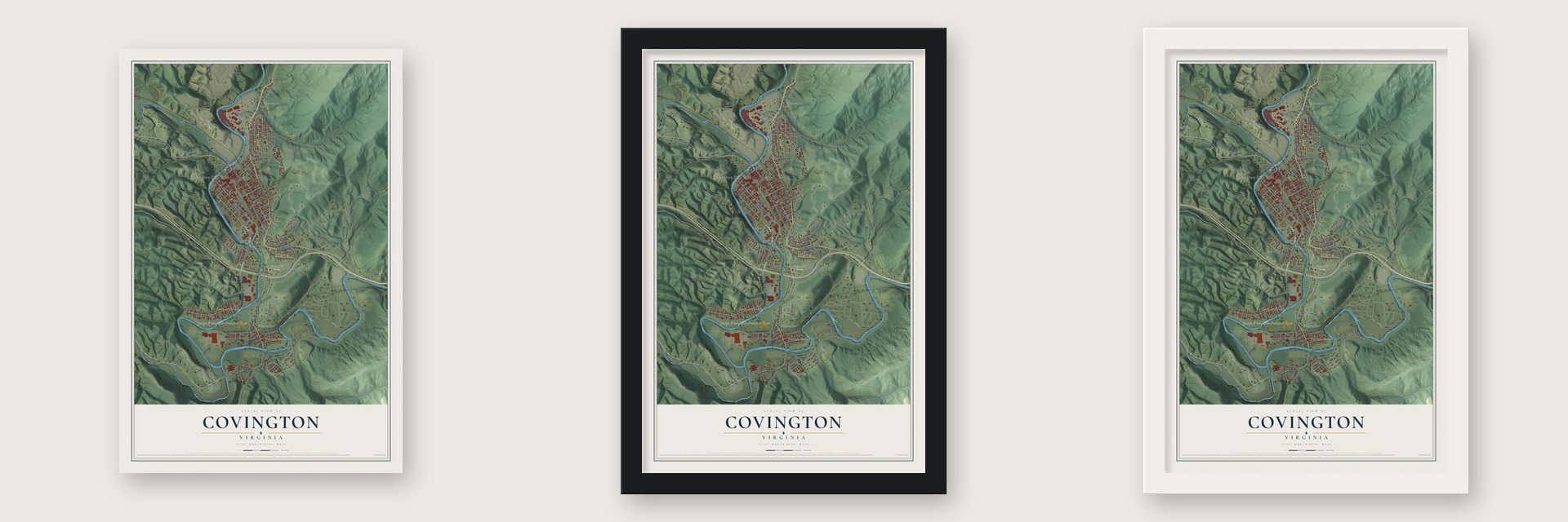 Covington, Virginia map unframed, in a black wood frame and in a white wood frame
