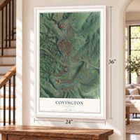 Covington, Virginia map, 24 x 36 inch print in a white frame by a staircase
