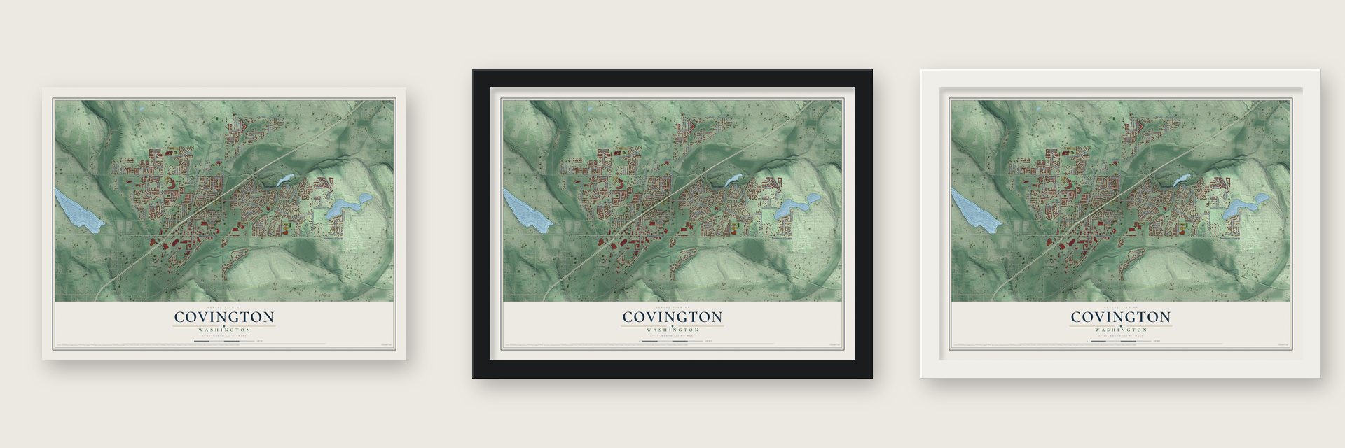 Covington, Washington map unframed, in a black wood frame and in a white wood frame