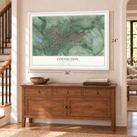 Covington, Washington map, 24 x 36 inch print in a white frame above a dresser by a staircase
