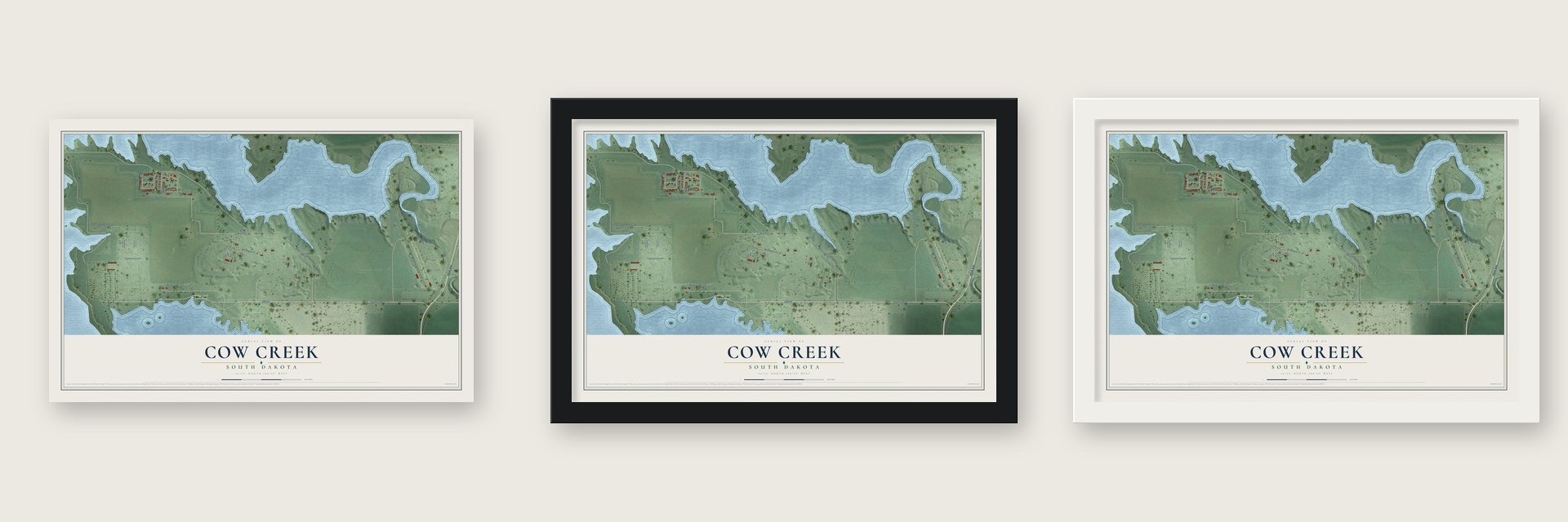 Cow Creek, South Dakota map unframed, in a black wood frame and in a white wood frame