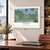 Cow Creek, South Dakota map, 18 x 24 inch print in a white frame in a home office