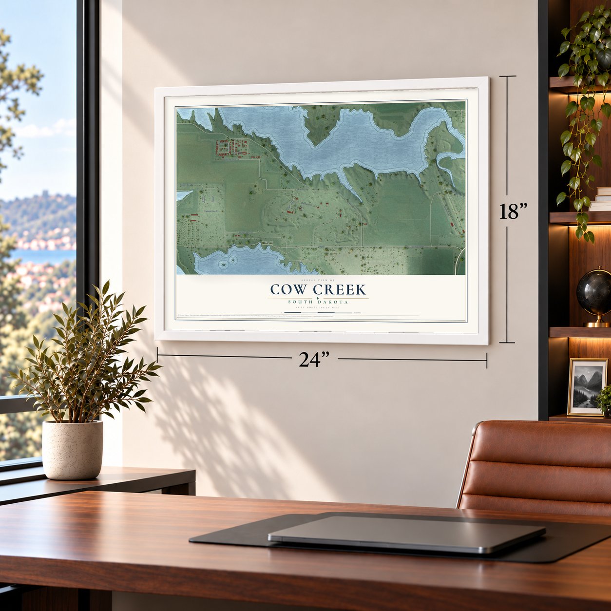 Cow Creek, South Dakota map, 18 x 24 inch print in a white frame in a home office