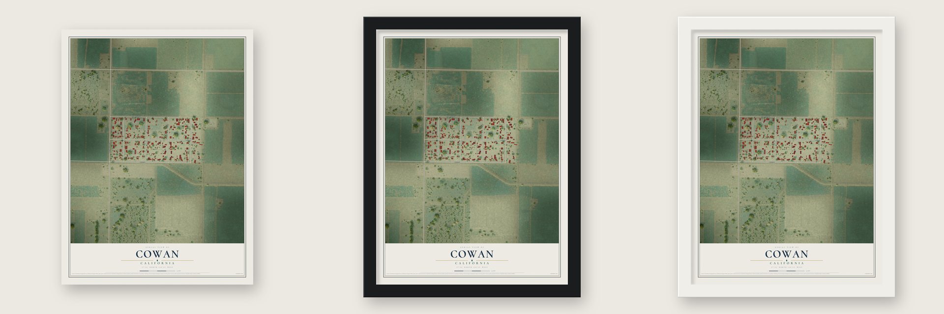 Cowan, California map unframed, in a black wood frame and in a white wood frame