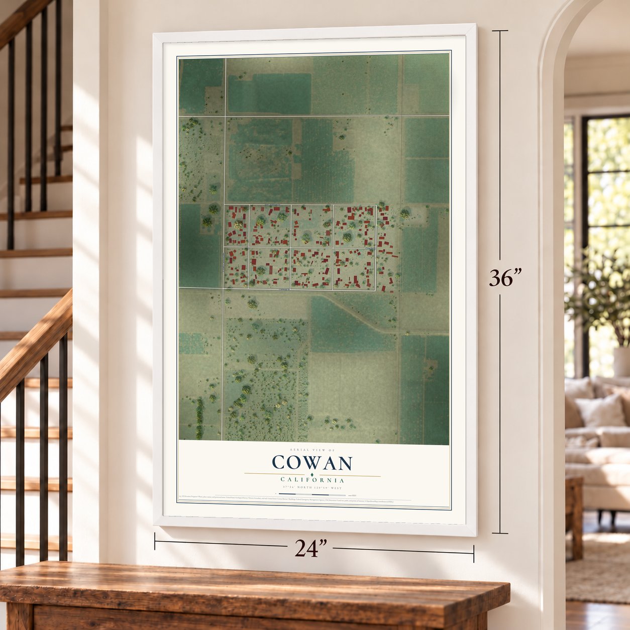 Cowan, California map, 24 x 36 inch print in a white frame by a staircase