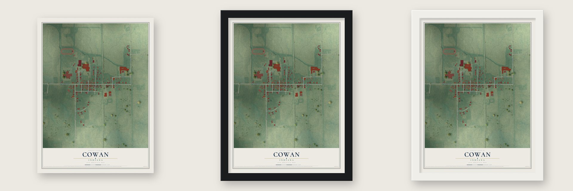 Cowan, Indiana map unframed, in a black wood frame and in a white wood frame