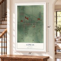 Cowan, Indiana map, 24 x 36 inch print in a white frame by a staircase