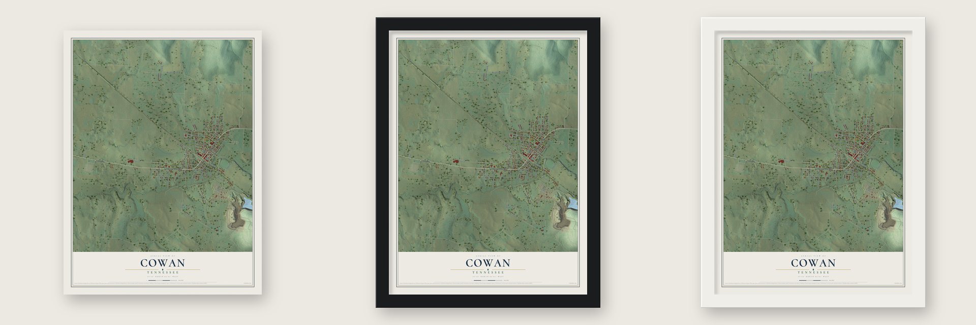 Cowan, Tennessee map unframed, in a black wood frame and in a white wood frame