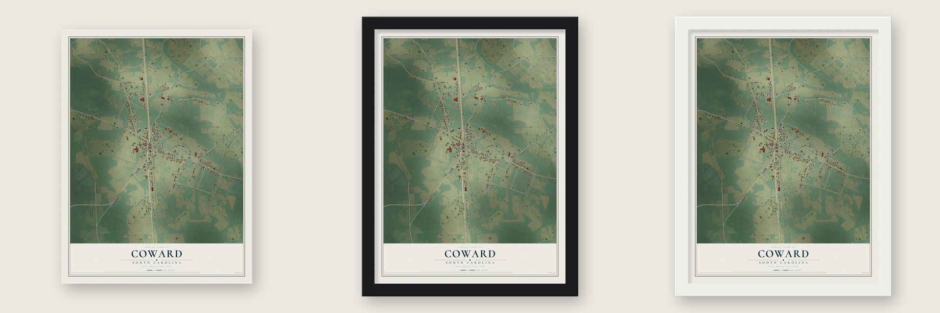 Coward, South Carolina map unframed, in a black wood frame and in a white wood frame