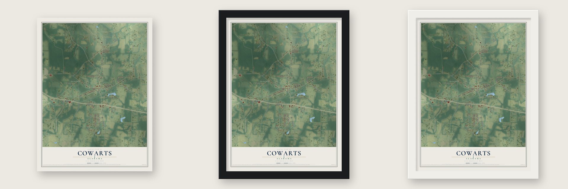 Cowarts, Alabama map unframed, in a black wood frame and in a white wood frame