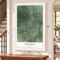 Cowarts, Alabama map, 24 x 36 inch print in a white frame by a staircase