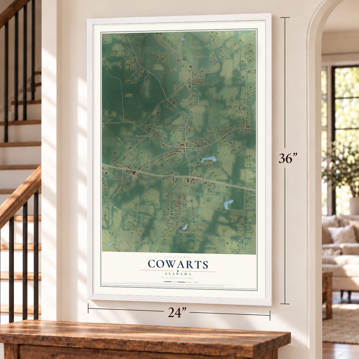 Cowarts, Alabama map, 24 x 36 inch print in a white frame by a staircase