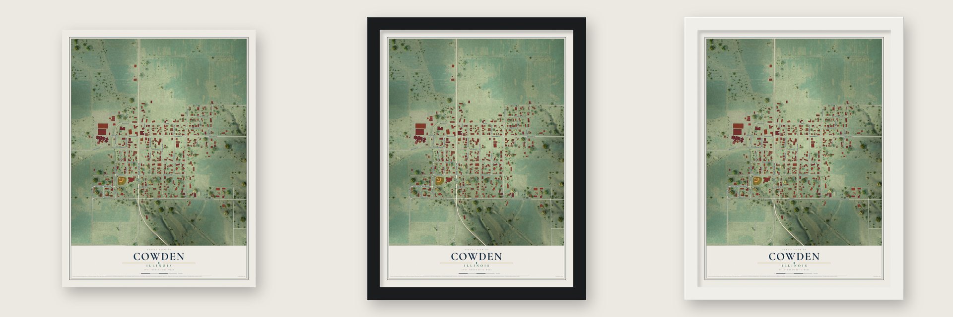 Cowden, Illinois map unframed, in a black wood frame and in a white wood frame