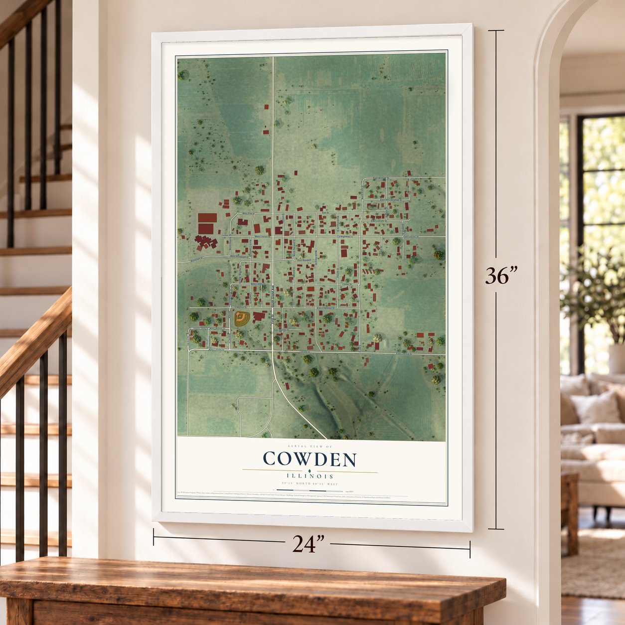Cowden, Illinois map, 24 x 36 inch print in a white frame by a staircase