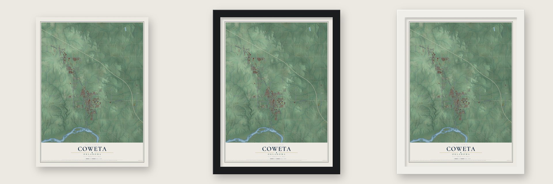 Coweta, Oklahoma map unframed, in a black wood frame and in a white wood frame