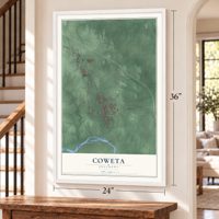 Coweta, Oklahoma map, 24 x 36 inch print in a white frame by a staircase