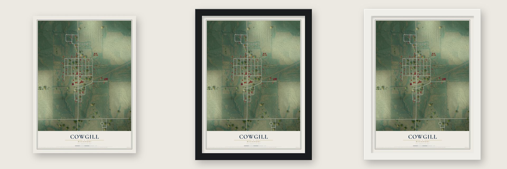 Cowgill, Missouri map unframed, in a black wood frame and in a white wood frame