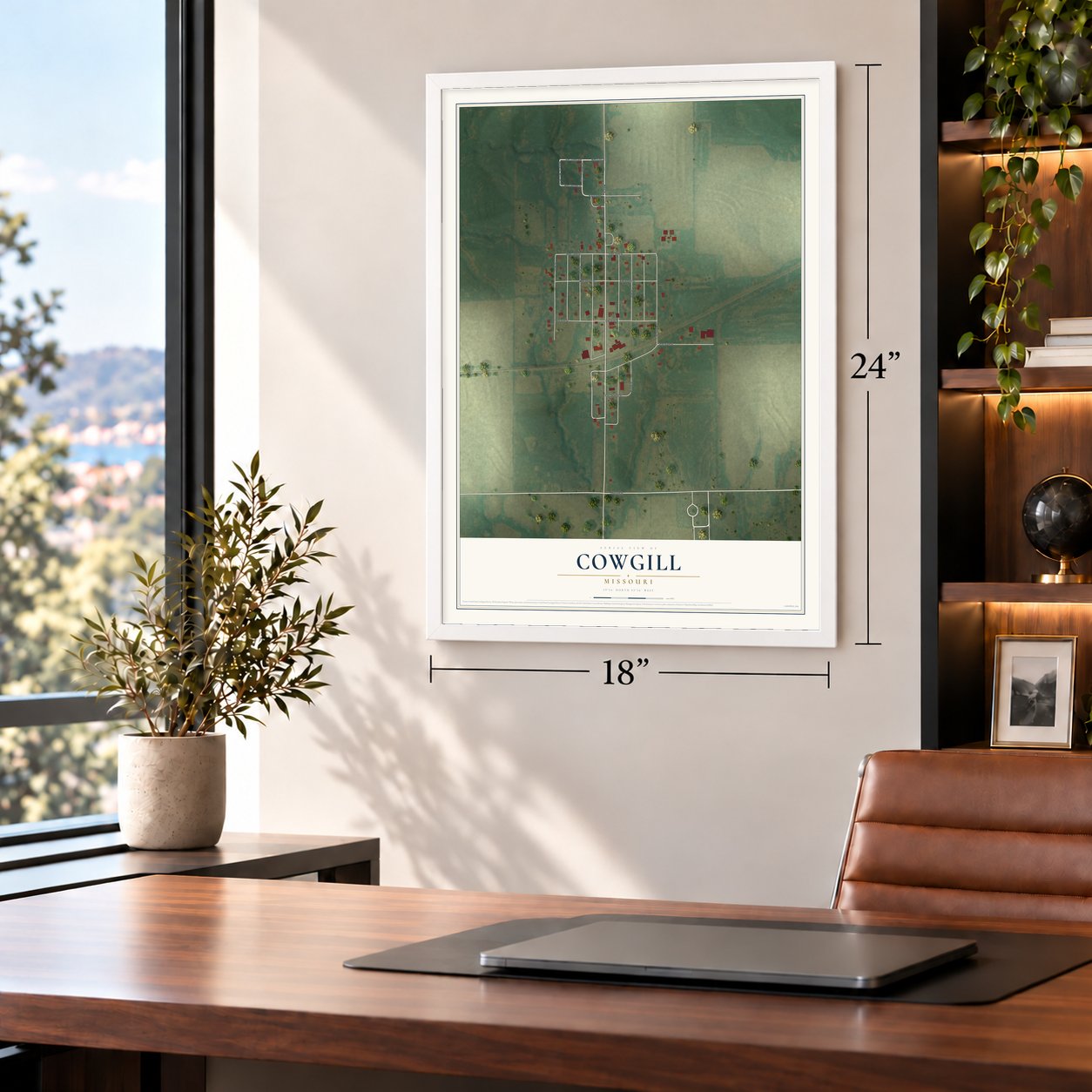 Cowgill, Missouri map, 18 x 24 inch print in a white frame in a home office
