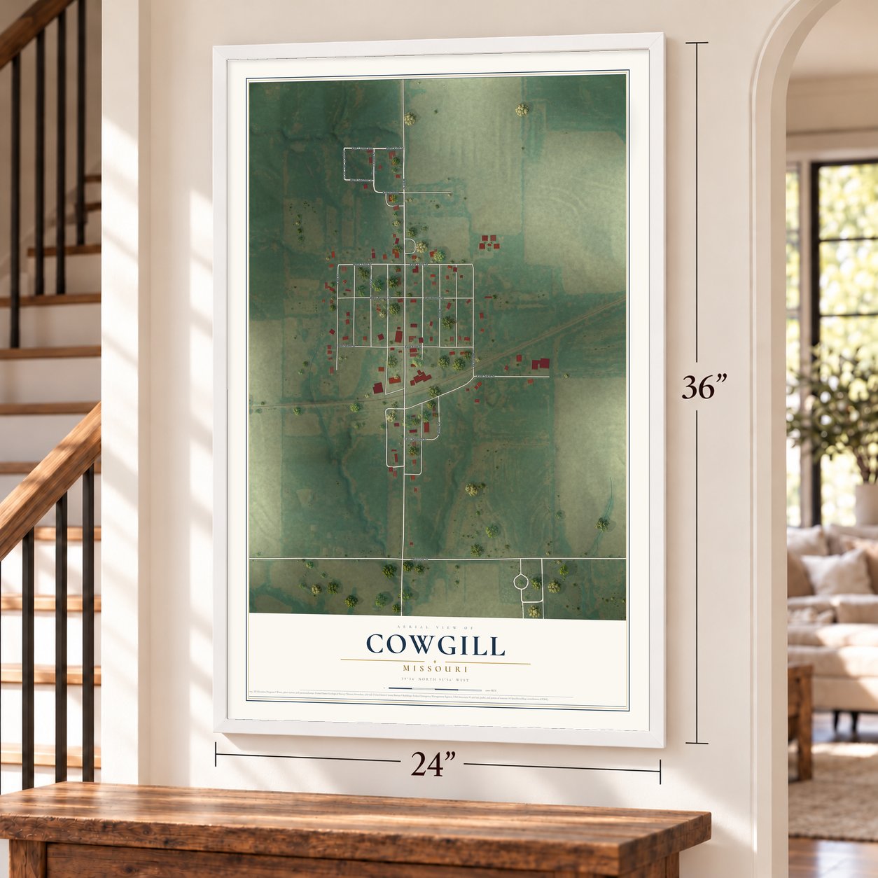 Cowgill, Missouri map, 24 x 36 inch print in a white frame by a staircase