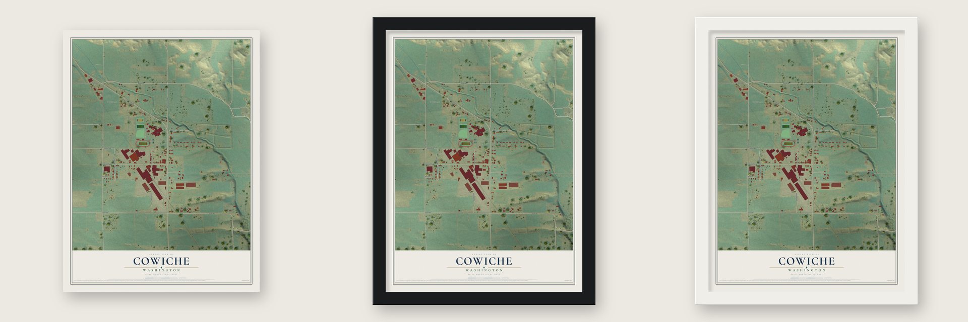 Cowiche, Washington map unframed, in a black wood frame and in a white wood frame