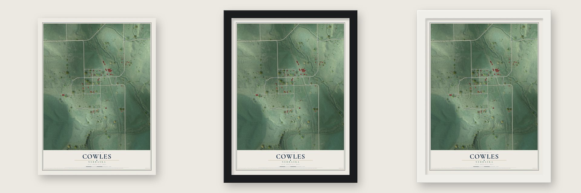 Cowles, Nebraska map unframed, in a black wood frame and in a white wood frame