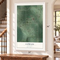 Cowles, Nebraska map, 24 x 36 inch print in a white frame by a staircase