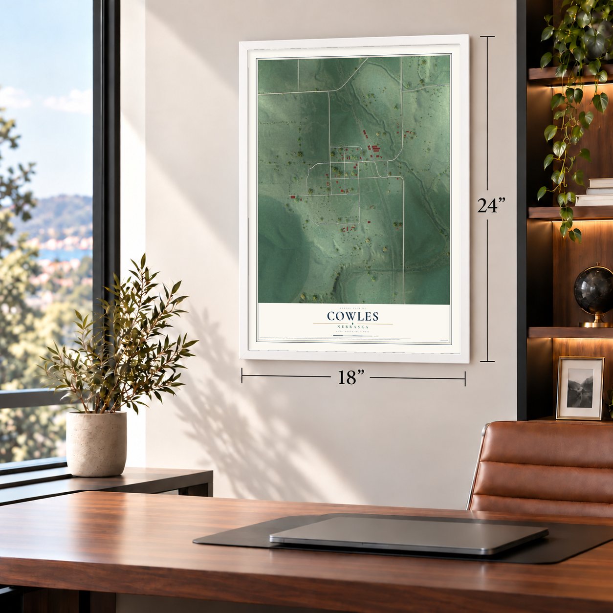 Cowles, Nebraska map, 18 x 24 inch print in a white frame in a home office
